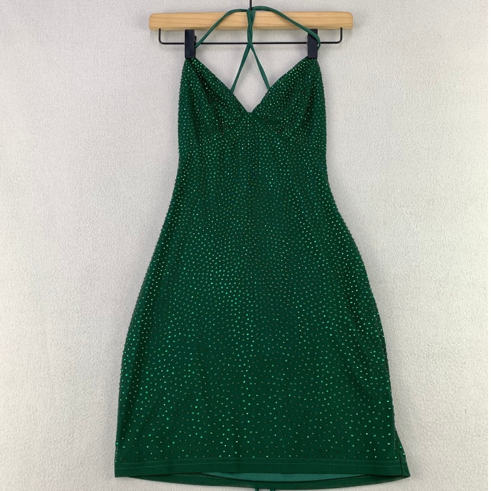 Fashion Nova Rhinestone Mini Dress Womens S Green Lace Up Back Bodycon Sparkly